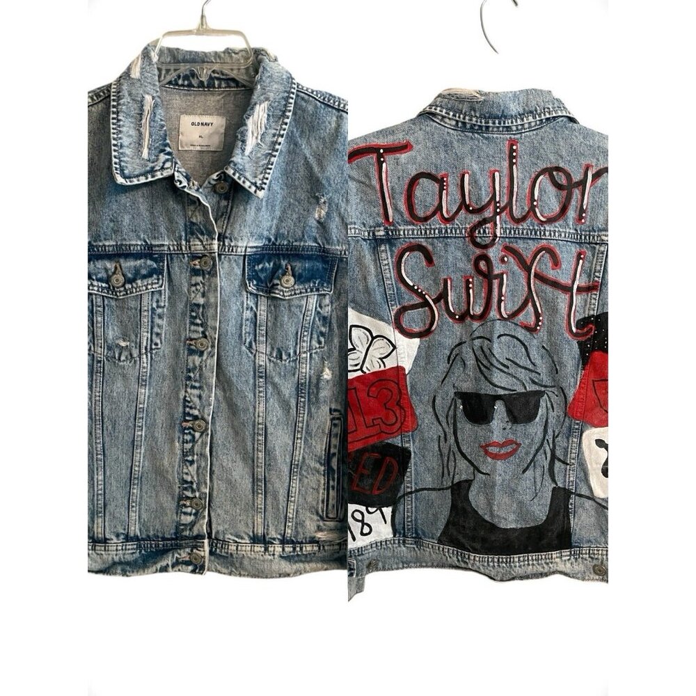 Hand Painted Custom Taylor Swift Denim Jean Jacket Size XL Swifty